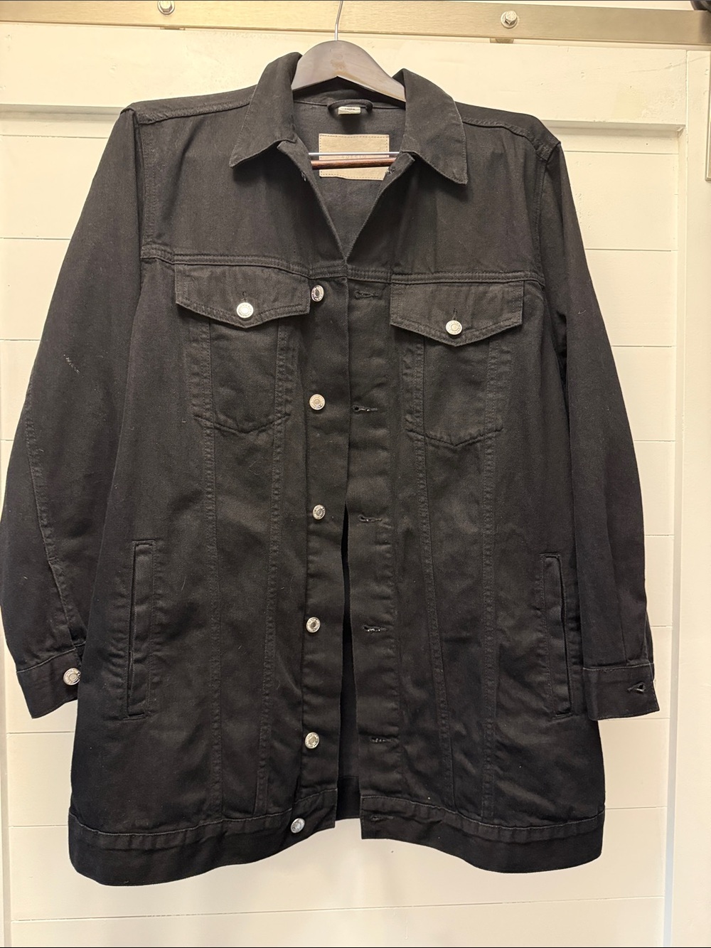 Oversized Black Long Denim Jacket with Button Front